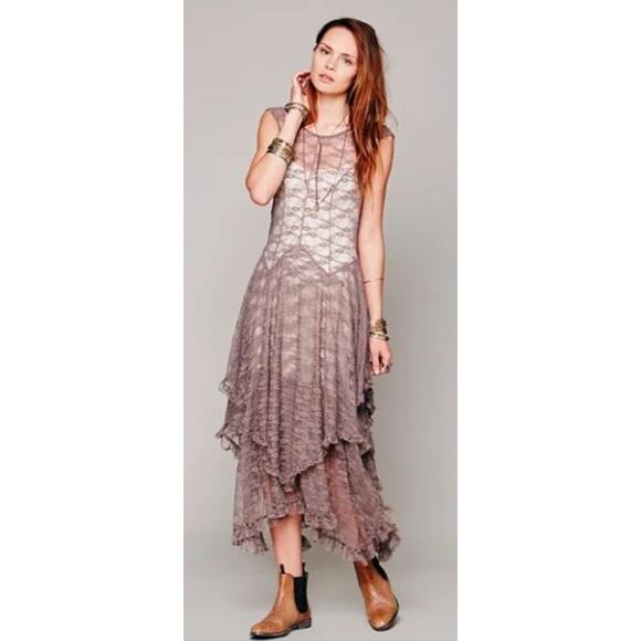 Free People French Courtship Pink Sheer Lace Maxi Dress Sz. M - Picture 1 of 6